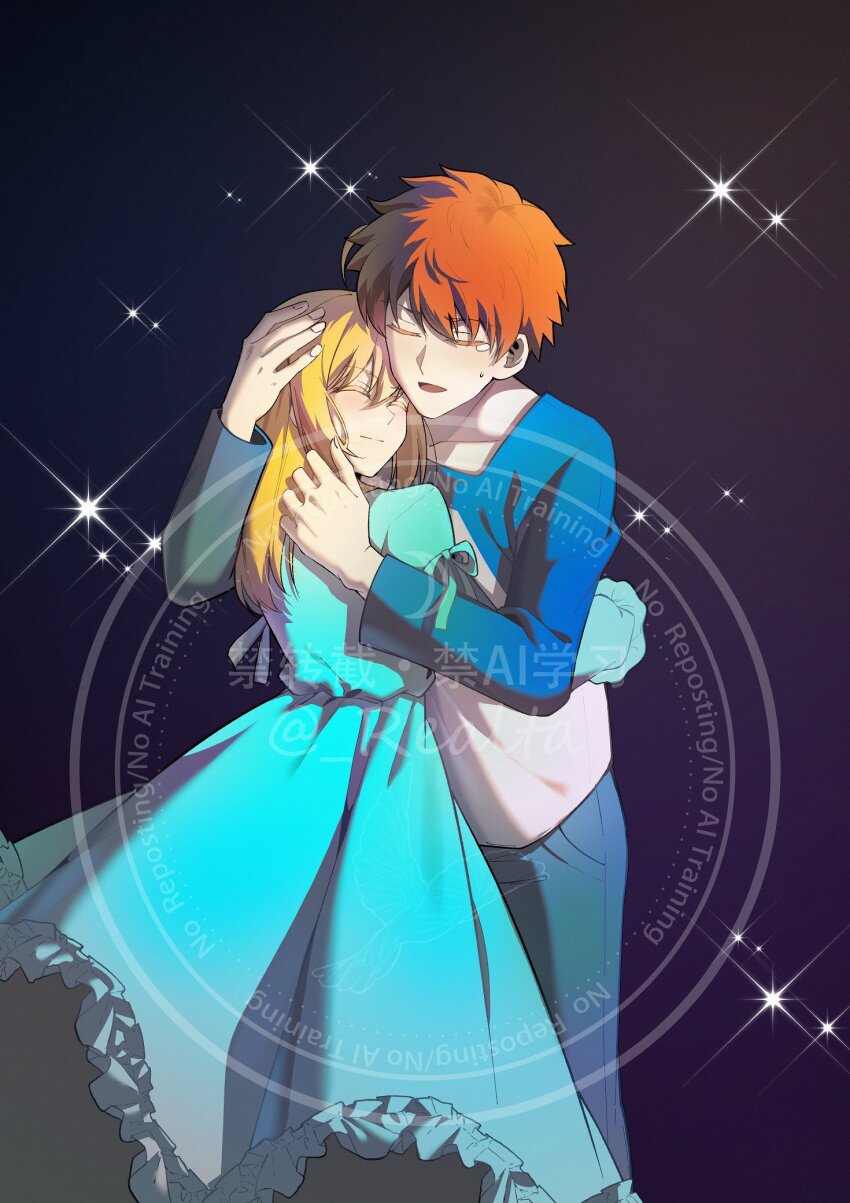 1boy, 1girl, ahoge, artoria_pendragon_(fate), baige_1028, blonde_hair, blush, commentary