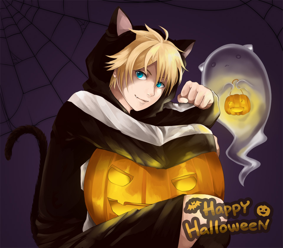 1girl, allblue0511, androgynous, animal_ears, blonde_hair, blue_eyes, cat_ears, cat_tail, fake_animal_ears, fang, female_focus, ghost, halloween, happy_halloween, hood, hoodie, jack-o'-lantern, leo_kliesen, namco, pumpkin, reverse_trap, short_hair, silk, solo, spider_web, tail, tekken, tekken_tag_tournament_2, track_suit