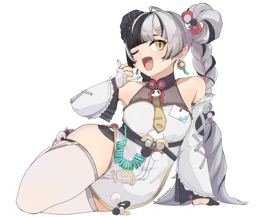 1girl, ;d, bare_shoulders, black_hair, braid, china_dress, chinese_clothes, commentary_request