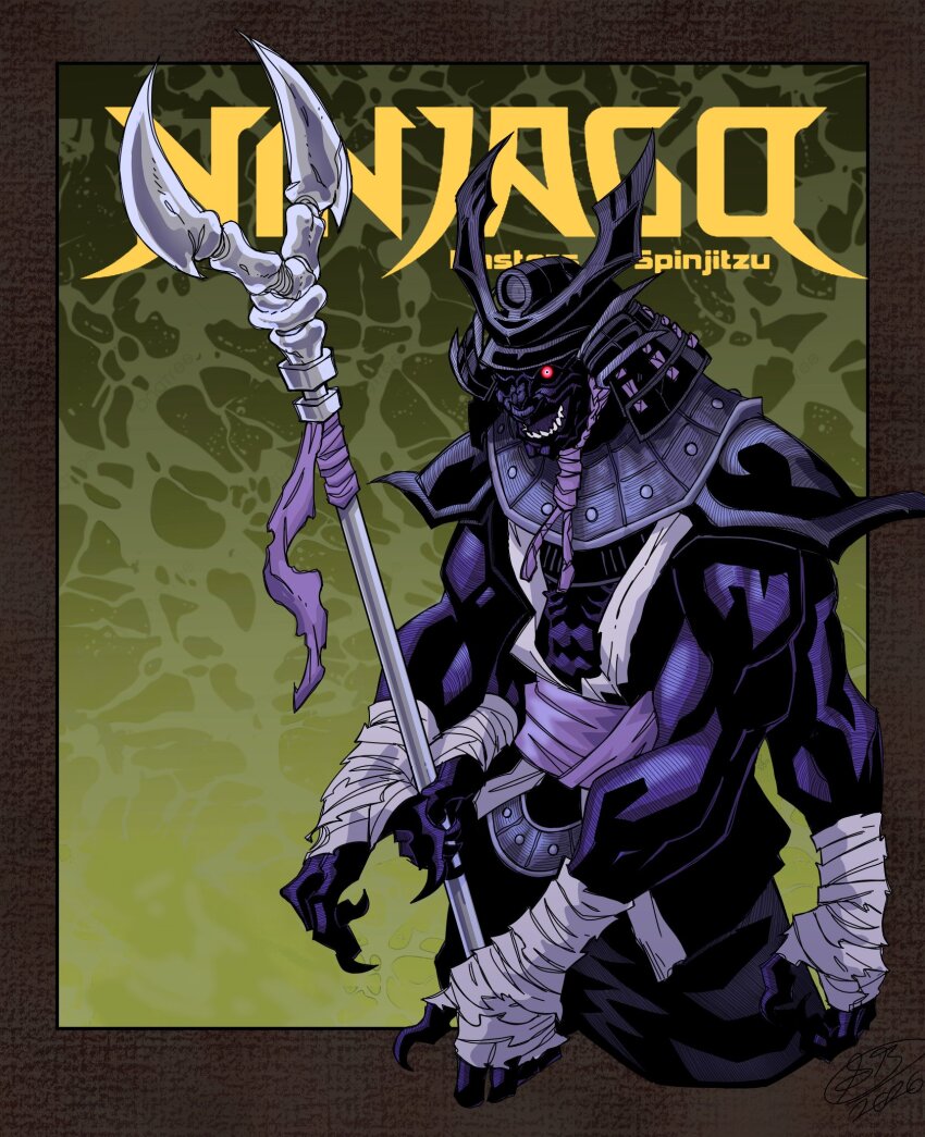 abs, armor, bandaged_arm, bandages, black_skin, bone_weapon, clawed_hands, colored_skin, commentary, copyright_name, cover, cowboy_shot, helmet, highres, holding, holding_polearm, holding_weapon, japanese_armor, jujutsu_kaisen, kabuto_(helmet), lord_garmadon, lower_teeth_only, ninjago, open_mouth, polearm, red_eyes, ryoumen_sukuna_(jujutsu_kaisen), ryoumen_sukuna_(true_form)_(jujutsu_kaisen), sash, shoulder_pads, teeth, weapon, yotakuboi