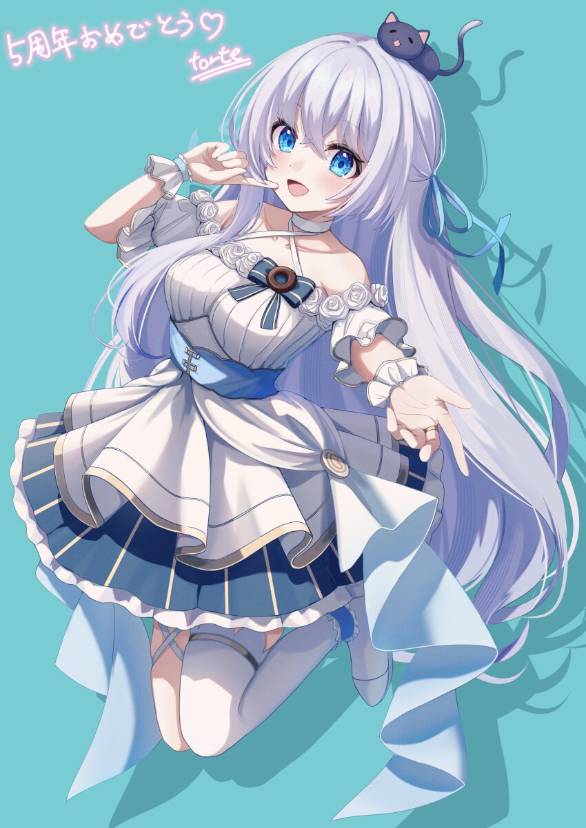 1girl, absurdres, animal, animal_on_head, ankle_garter, aqua_background, bare_shoulders, black_cat