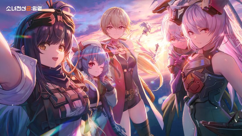 1boy, 6+girls, :d, ;), absurdres, arm_up, arms_behind_back, bare_shoulders