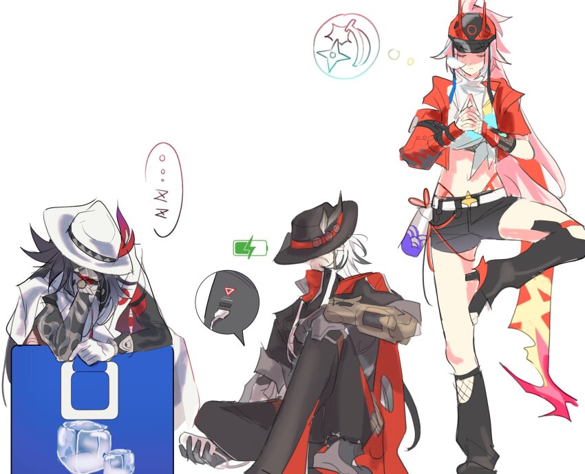 1girl, 2boys, ashveil_(honkai:_star_rail), baseball_cap, black_hair, boothill_(honkai:_star_rail), commentary_request, cowboy_hat, cropped_jacket, cyborg, fedora, fishnets, gradient_hair, hat, highres, honkai:_star_rail, honkai_(series), ice, ice_cube, jwisae232, korean_commentary, long_hair, midriff, multicolored_hair, multiple_boys, own_hands_together, pants, pink_hair, powering_up, rappa_(honkai:_star_rail), refrigerator, shorts, sitting, sleeping, socks, standing, standing_on_one_leg, streaked_hair, tattoo, very_long_hair, white_hair