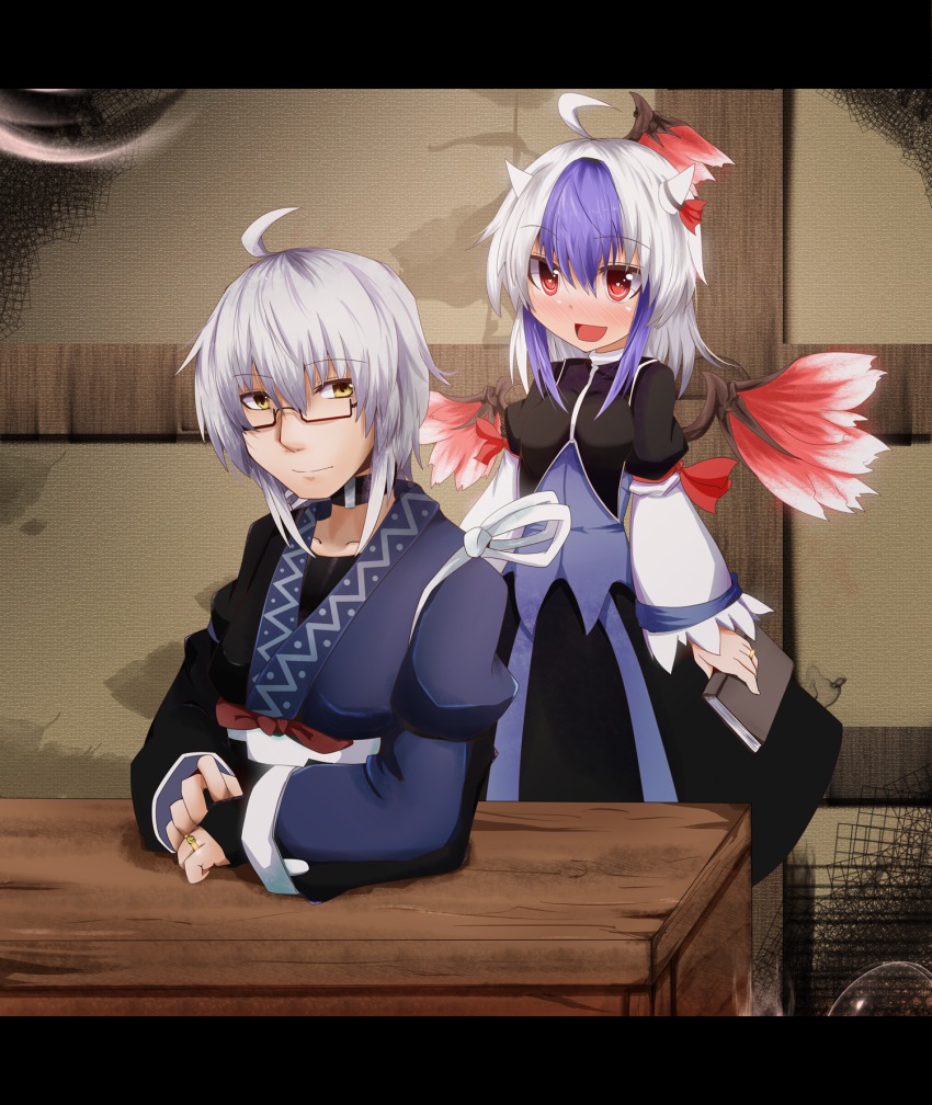 1boy, 1girl, ahoge, blue_hair, blush, book, bridal_gauntlets, dress