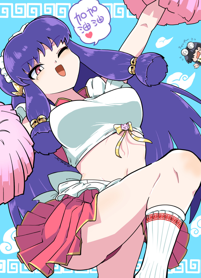 1boy, 1girl, artist_name, bell, black_hair, breasts, cheerleader, chibi, commentary_request, flying_sweatdrops, hair_bell, hair_ornament, highres, holding, holding_pom_poms, maid_headdress, midriff, mousse_(ranma_1/2), one_eye_closed, open_mouth, otonami_sw, pom_pom_(cheerleading), pom_poms, purple_eyes, ranma_1/2, red_eyes, shampoo_(cat), shampoo_(ranma_1/2), skirt, smile