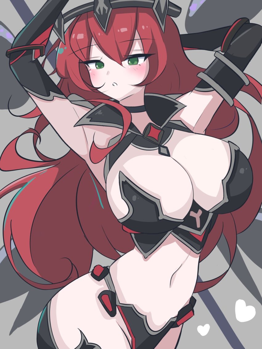 1girl, 5gvqoskfdt18795, armpits, arms_behind_head, arms_up, blush, breasts, commentary_request, green_eyes, grey_background, hair_between_eyes, halo, heart, highres, jeanne_(nyanko_daisensou), jeanne_(psi)_(nyanko_daisensou), large_breasts, long_hair, mechanical_halo, midriff, navel, nyanko_daisensou, red_hair, simple_background, solo, upper_body