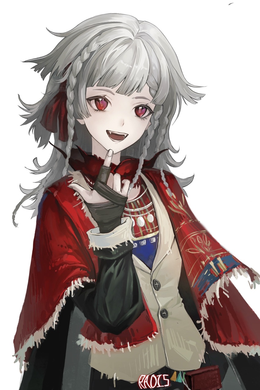 1girl, :d, absurdres, banchuan_radis, black_coat, chinese_commentary, cloak, coat, commentary_request, fang, finger_to_mouth, grey_hair, hand_up, highres, jacket, medium_hair, open_mouth, quad_braids, red_cloak, red_eyes, reverse:1999, rubuska, smile, solo, teeth, upper_body, white_background, white_jacket
