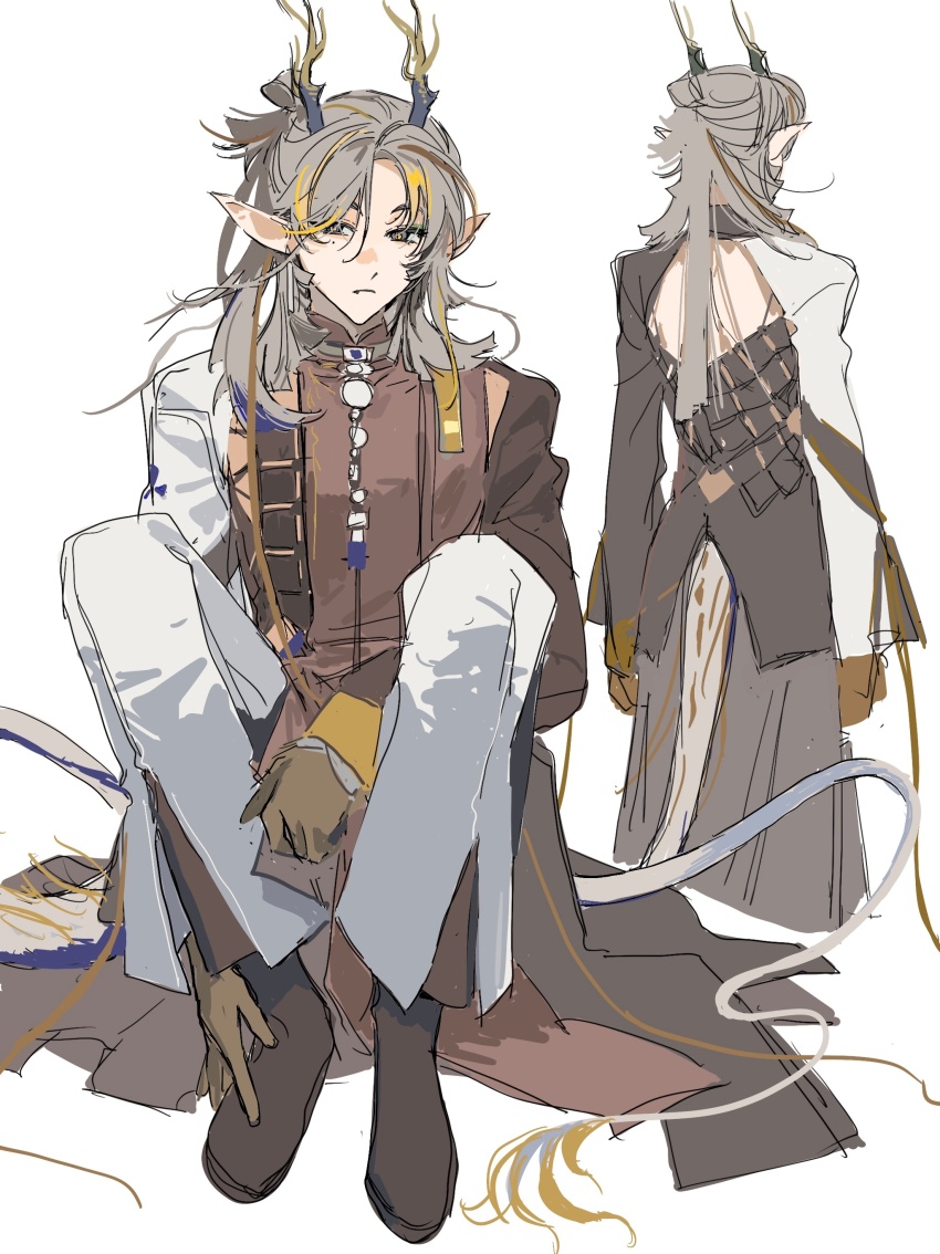 1boy, absurdres, arknights, brown_hair, brown_hands, brown_robe, brown_shoes, chinese_clothes