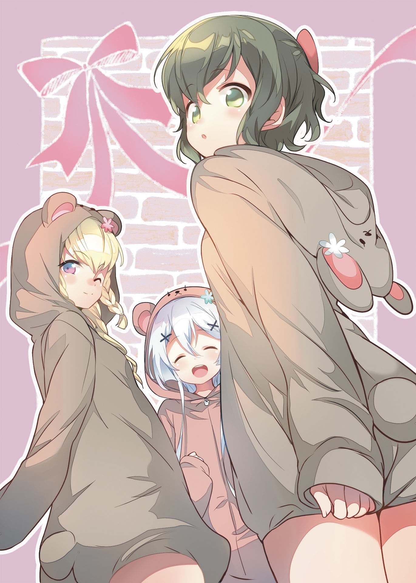 029, 3girls, :d, :o, ^_^, animal_costume, animal_ears, animal_hood