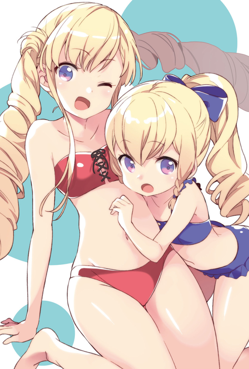 029, 2girls, arched_back, arm_support, barefoot, bikini, blonde_hair, blue_bow