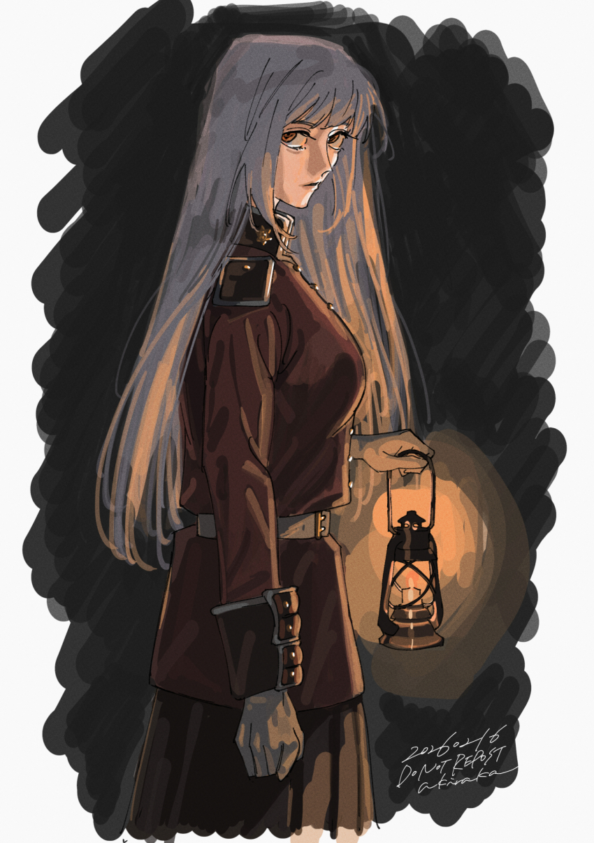 1girl, akiraka_(n_l_m_g), belt, black_skirt, breasts, commentary, cropped_legs, dated