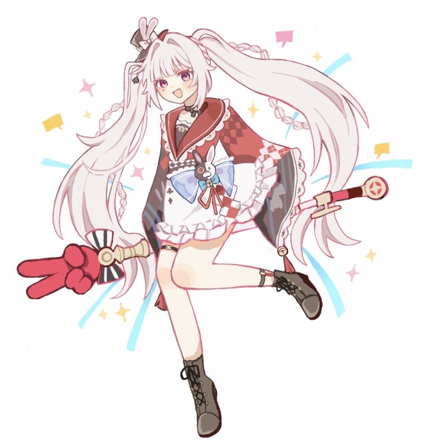 1girl, :d, black_boots, black_choker, black_hat, boots, braid, choker