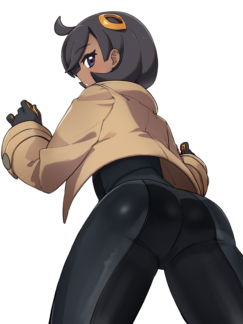 1girl, ahoge, ass, black_bodysuit, black_gloves, black_hair, bodysuit, bodysuit_under_clothes, brown_jacket, commentary, commission, curvy, emma_(pokemon), from_below, gloves, grey_eyes, hair_ornament, hands_up, highres, huge_ass, jacket, long_sleeves, looking_at_viewer, looking_down, motyomotyo_rsg4, nintendo, pokemon, pokemon_legends:_z-a, shiny_skin, short_hair, simple_background, skeb_commission, solo, white_background, wide_hips