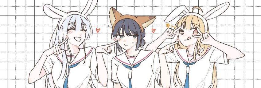 >_o, 3girls, ;q, ^_^, ahoge, amic_yu, animal_ear_hairband, animal_ears