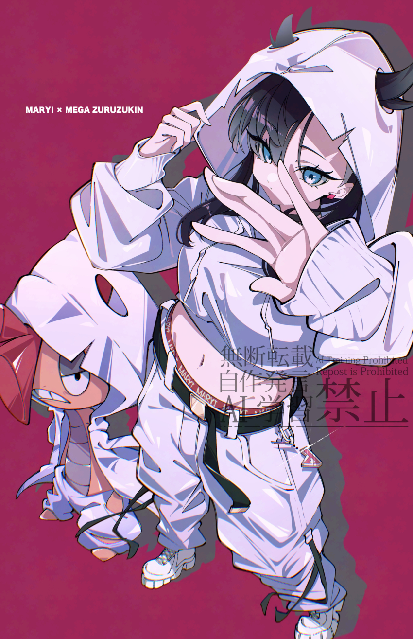1girl, absurdres, asymmetrical_bangs, belt, black_belt, black_hair, blue_eyes, breasts, colored_skin, commentary_request, cosplay, cropped_hoodie, gen_5_pokemon, hair_through_hood, hands_in_pockets, highres, hood, hood_up, hoodie, long_sleeves, marie_(pixiv59672544), marnie_(pokemon), mega_pokemon, mega_scrafty, mega_scrafty_(cosplay), midriff, mohawk, navel, nintendo, orange_skin, pants, pokemon, pokemon_(creature), pokemon_sword_and_shield, red_hair, sagging_pants, scrafty, shoes, teeth, torn_clothes, torn_pants, white_hood, white_hoodie, white_pants, white_shoes