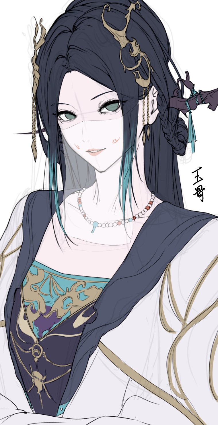 1girl, bead_necklace, beads, black_hair, blank_eyes, branch, character_name, chinese_clothes