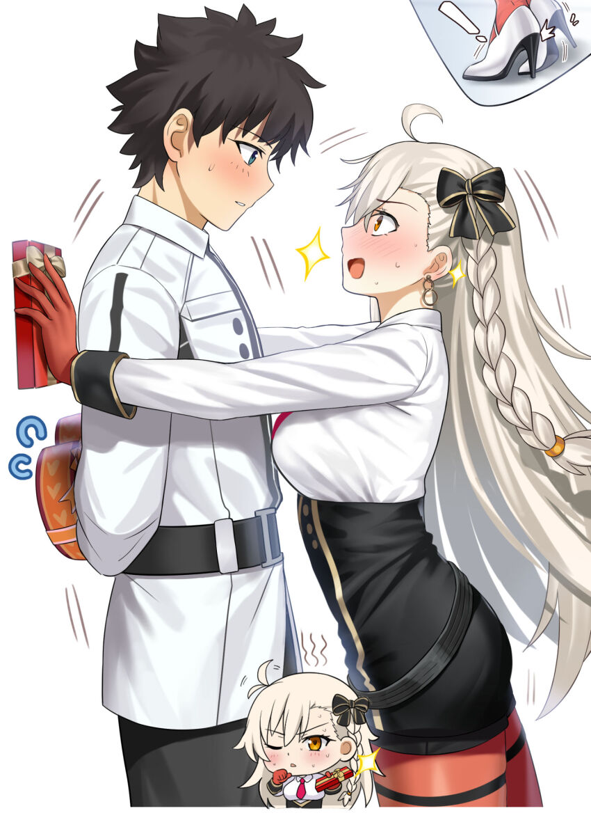 1boy, 1girl, belt, besmiled, black_pants, black_skirt, blue_eyes, blush