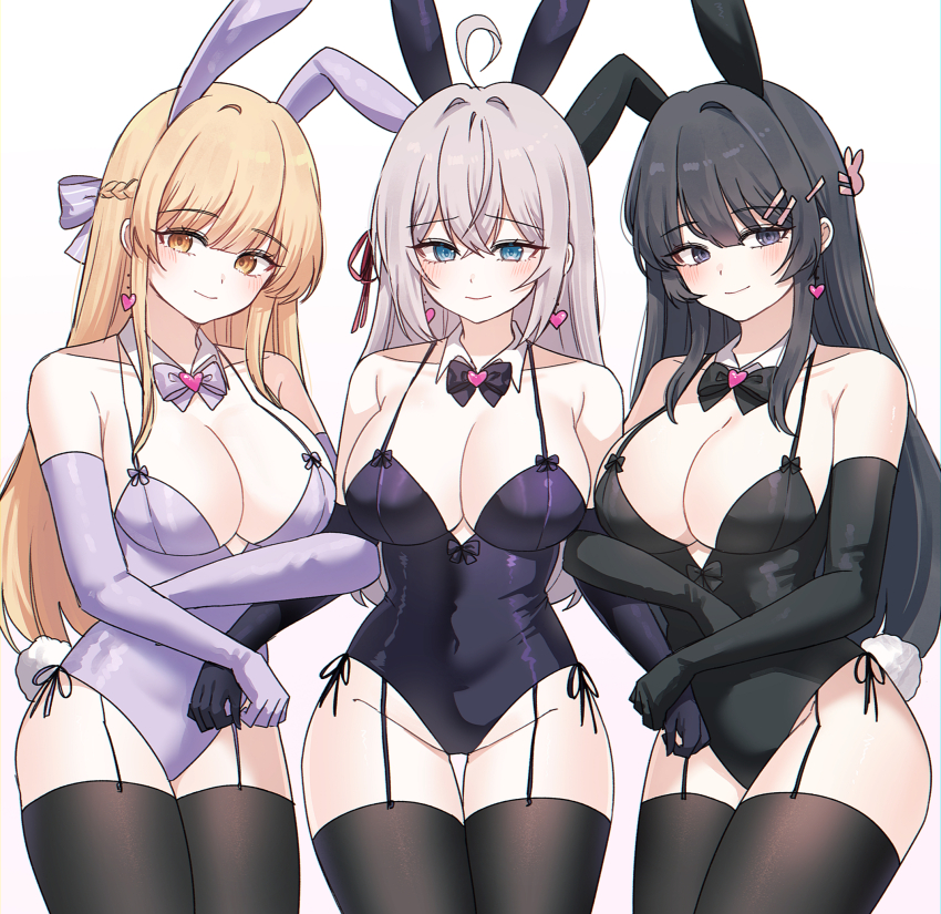 3girls, alisa_mikhailovna_kujou, animal_ears, bare_shoulders, black_bow, black_bowtie, black_eyes, black_garter_straps
