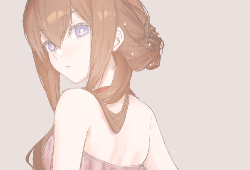 1girl, bare_shoulders, braid, breasts, brown_hair, dress, formal_clothes, from_behind