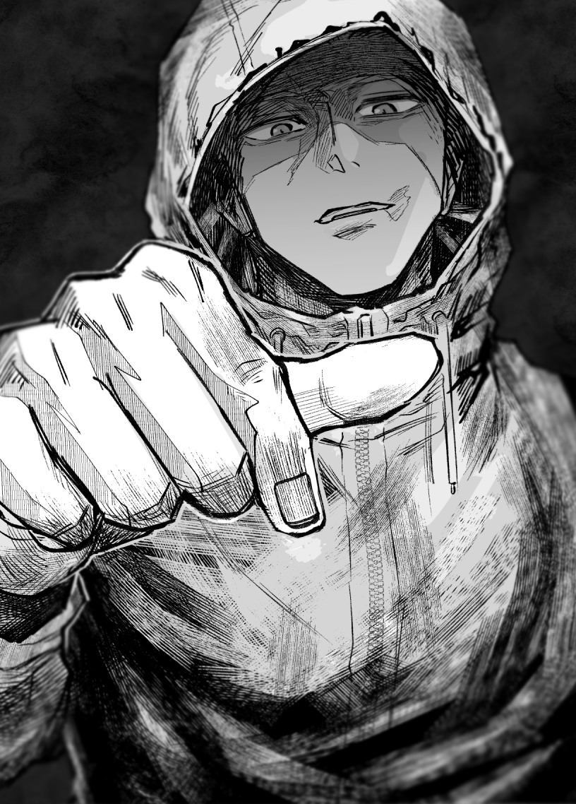 1boy, commentary, drawstring, fingernails, grey_background, greyscale, hood, hood_up