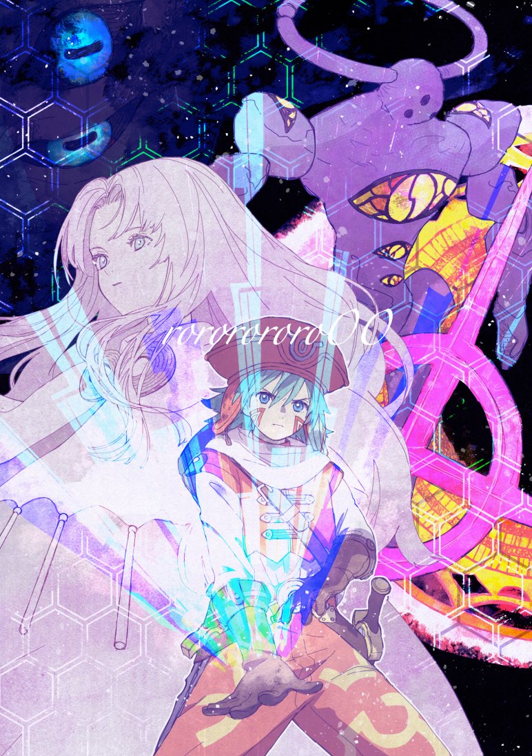 .hack//, .hack//games, 1boy, 1girl, 1other, aura_(.hack//), book, brown_gloves