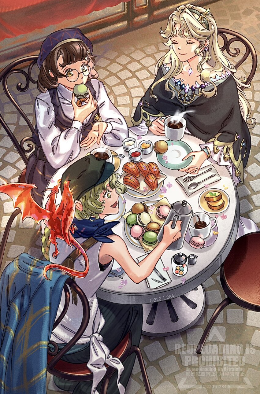 3girls, beret, beryl_bouanich, black_cloak, black_pants, blonde_hair, blue_coat, blue_neckerchief