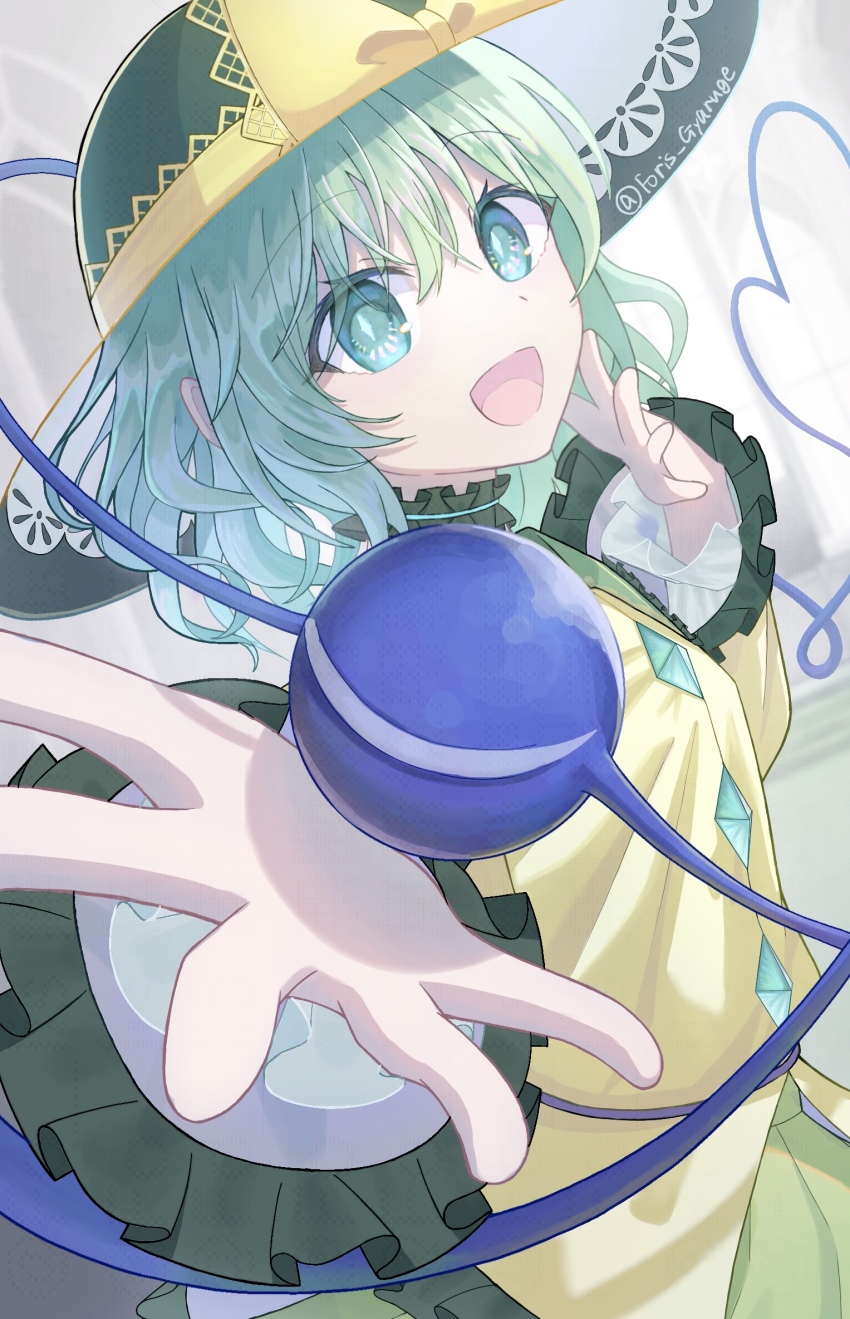 1girl, black_hat, blush, bow, buttons, commentary_request, diamond_button, eyeball, fo_ris, frilled_shirt_collar, frilled_sleeves, frills, green_eyes, green_hair, green_skirt, hat, hat_bow, hat_ribbon, heart, heart_of_string, highres, komeiji_koishi, long_sleeves, looking_at_viewer, open_mouth, ribbon, shirt, short_hair, skirt, smile, solo, third_eye, touhou, twitter_username, wide_sleeves, yellow_bow, yellow_shirt