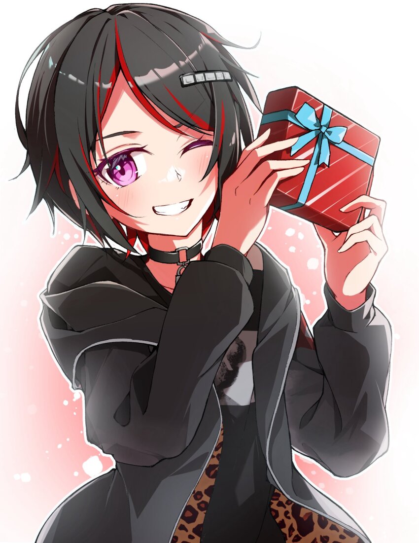 1girl, animal_print, black_collar, black_hair, black_jacket, black_shirt, clenched_teeth, collar