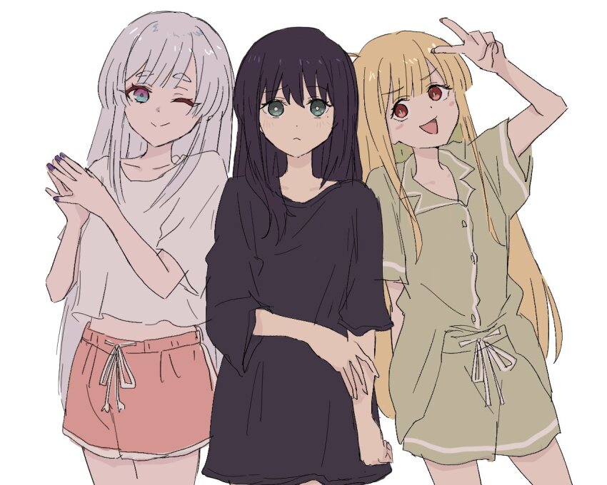 3girls, ahoge, aqua_eyes, black_shirt, blonde_hair, blue_eyes, cho_kaguya-hime!, cosplay, costume_switch, cowboy_shot, frown, gradient_eyes, green_pajamas, green_shirt, green_shorts, hand_on_own_arm, hands_clasped_in_delight, ini_yoy, kaguya_(cho_kaguya-hime!), kaguya_(cho_kaguya-hime!)_(cosplay), long_hair, long_shirt, midriff, multicolored_eyes, multiple_girls, orange_eyes, pajamas, pink_eyes, pink_shorts, runami_yachiyo, sakayori_iroha, sakayori_iroha_(cosplay), shirt, shirt_partially_tucked_in, short_sleeves, shorts, simple_background, two-tone_eyes, v, v_over_head, very_long_hair, white_background, white_hair, white_shirt