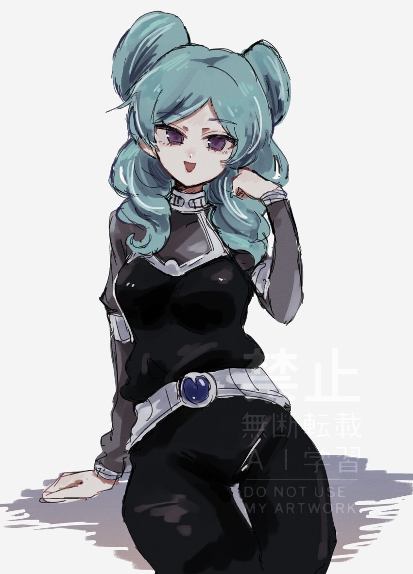 1girl, absurdres, aqua_hair, belt, beta_(inazuma_eleven), black_pants, black_vest, bodysuit