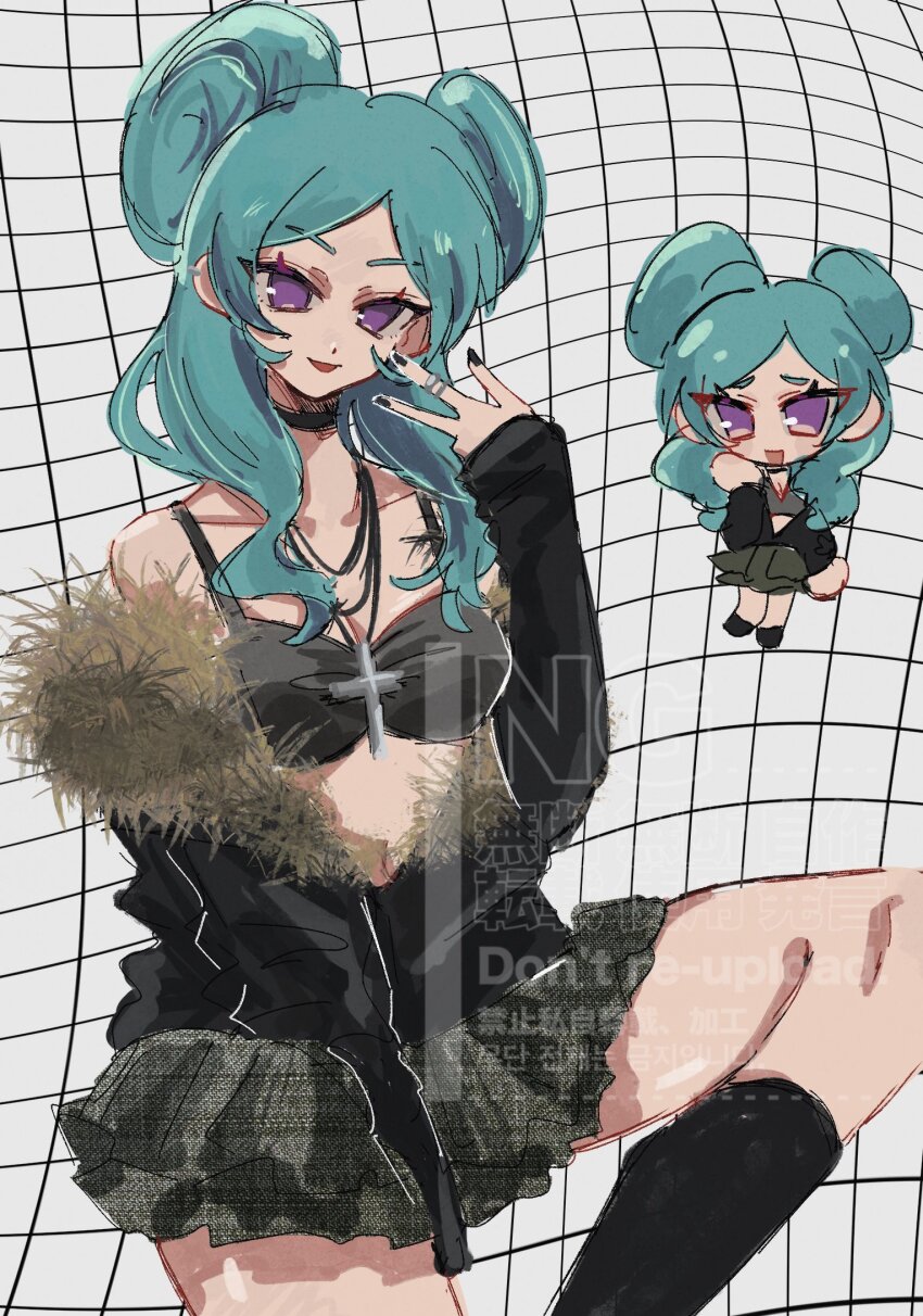 1girl, aqua_hair, beta_(inazuma_eleven), black_jacket, black_socks, black_tank_top, chibi, chibi_inset