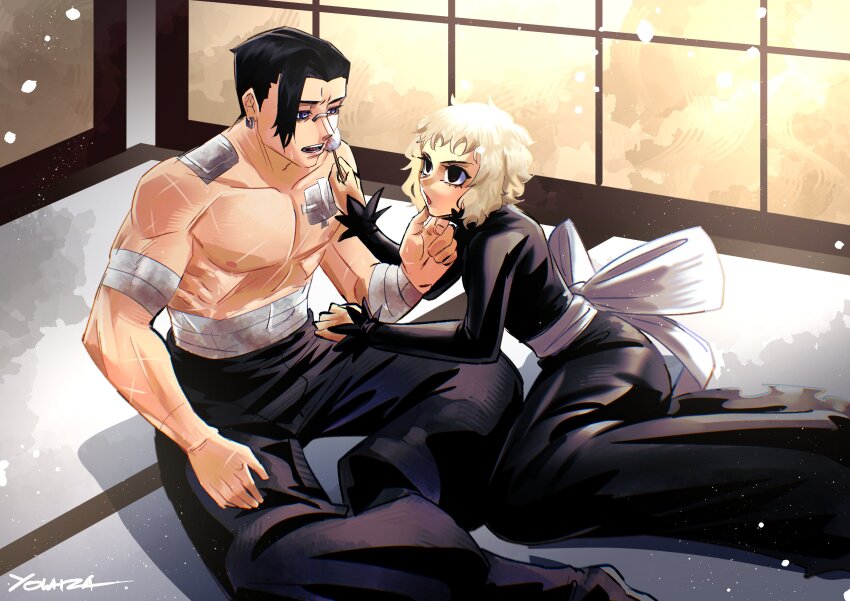 1boy, 1girl, absurdres, bandaged_arm, bandages, black_dress, black_eyes, dress