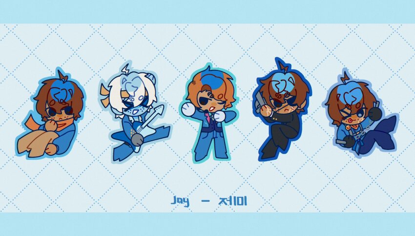 >_<, >_o, 1boy, ;d, ahoge, arm_up, black_jacket, blue_eyes