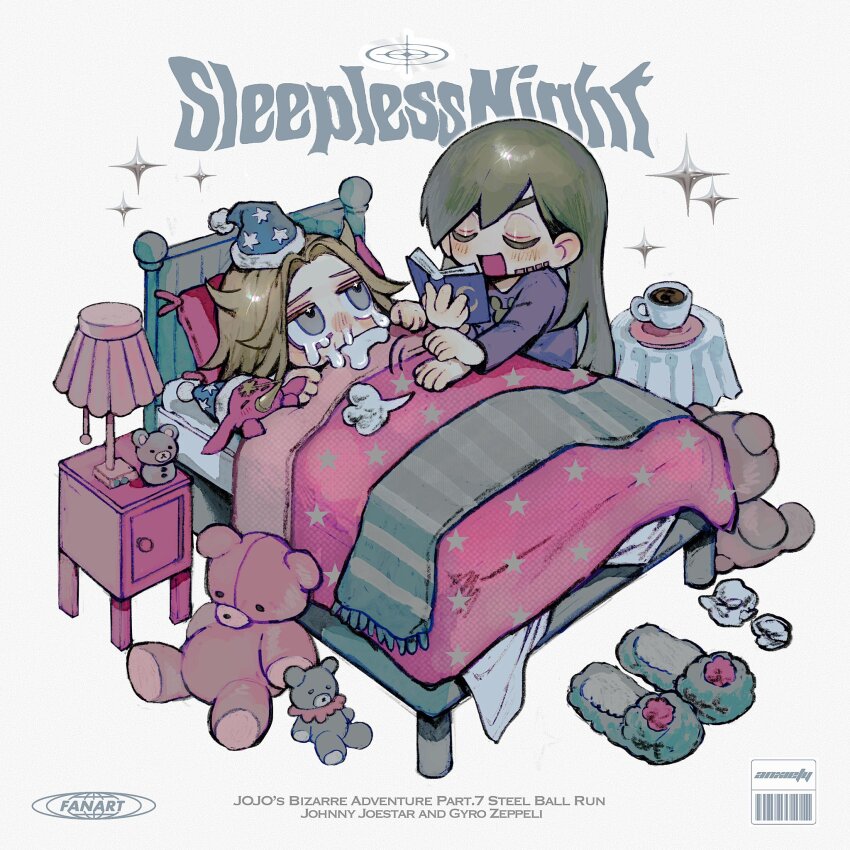 bedtime_story, brown_hair, character_name, coffee, copyright_name, crying, english_text, grey_eyes, gyro_zeppeli, hat, highres, johnny_joestar, jojo_no_kimyou_na_bouken, lamp, long_hair, neg_50asu, nightcap, open_mouth, patting, purple_shirt, sad, scarf, shirt, simple_background, slippers, sparkle, steel_ball_run, tears, tusks, under_covers, very_long_hair, white_background