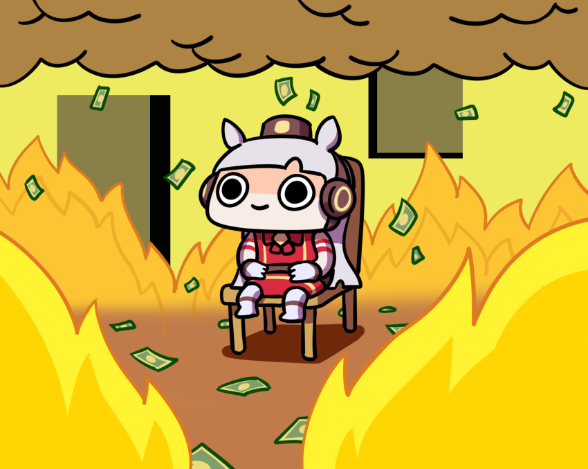 12_billion_yen_incident, 1girl, animal_ears, armband, banknote, blunt_bangs, bow, bowtie, brown_hat, burning, burning_building, chair, chibi, closed_mouth, commentary, dress, english_commentary, fire, gloves, gold_ship_(red_strife)_(umamusume), gold_ship_(umamusume), grey_hair, hat, highres, horse_ears, horse_girl, horse_tail, keenbiscuit, long_hair, meme, money, on_chair, pantyhose, pillbox_hat, red_dress, sitting, sleeveless, sleeveless_dress, smile, smoke, solo, striped_armband, striped_clothes, tail, this_is_fine_(meme), umamusume, white_gloves, white_pantyhose