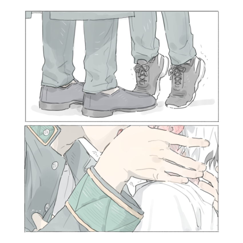 2boys, black_hair, black_shoes, blush, border, buttons, commentary, ear_blush, french_kiss, furin_high_school_uniform, hand_on_another's_face, height_difference, jacket, kiss, male_focus, multicolored_hair, multiple_boys, open_clothes, open_jacket, sakura_haruka_(wind_breaker), school_uniform, sekaitokimi, shoes, split-color_hair, tiptoes, two-tone_hair, umemiya_hajime, unbuttoned, white_border, white_hair, white_shoes, wind_breaker_(nii_satoru), yaoi