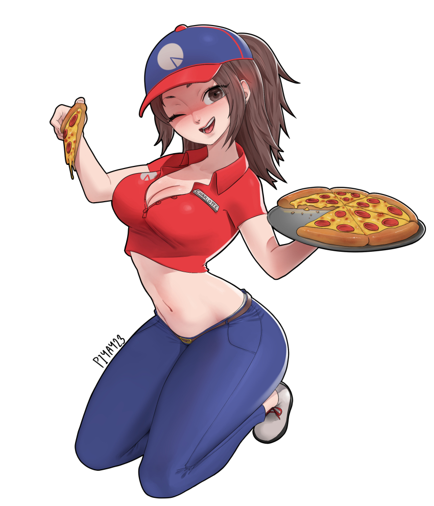 1girl, ;), absurdres, artist_name, baseball_cap, belt, blue_hat, blue_pants