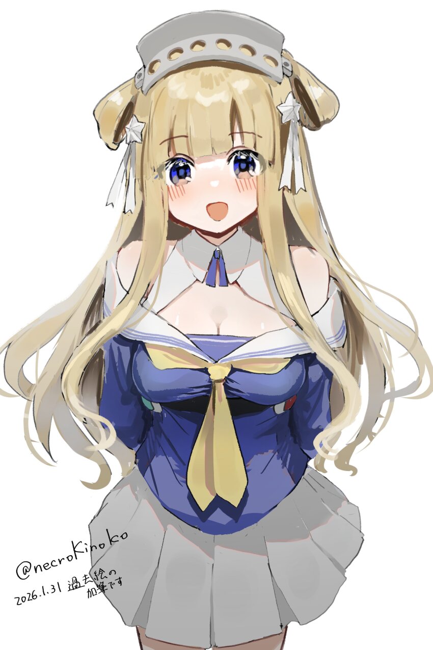 1girl, absurdres, blonde_hair, blue_eyes, blue_shirt, breasts, cleavage, commentary_request, cowboy_shot, dated, double_bun, fletcher_(kancolle), folded_hair, hair_bun, hair_ornament, hairband, highres, kantai_collection, large_breasts, long_hair, looking_at_viewer, neckerchief, off_shoulder, sailor_collar, sakura-konoha, school_uniform, serafuku, shirt, skirt, smile, solo, star_(symbol), star_hair_ornament, twitter_username, white_sailor_collar, white_skirt, yellow_neckerchief