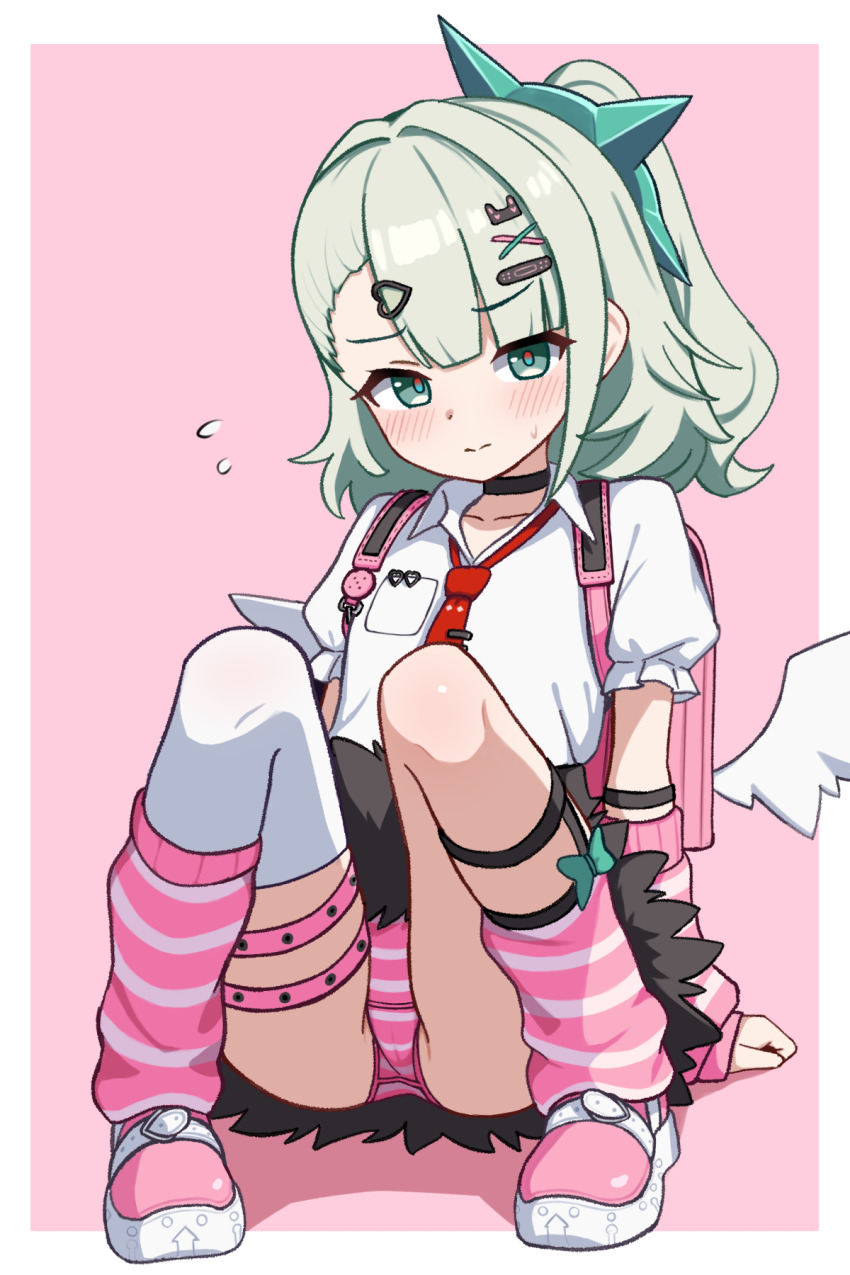 1girl, arm_warmers, backpack, bag, black_skirt, blush, breast_pocket, choker