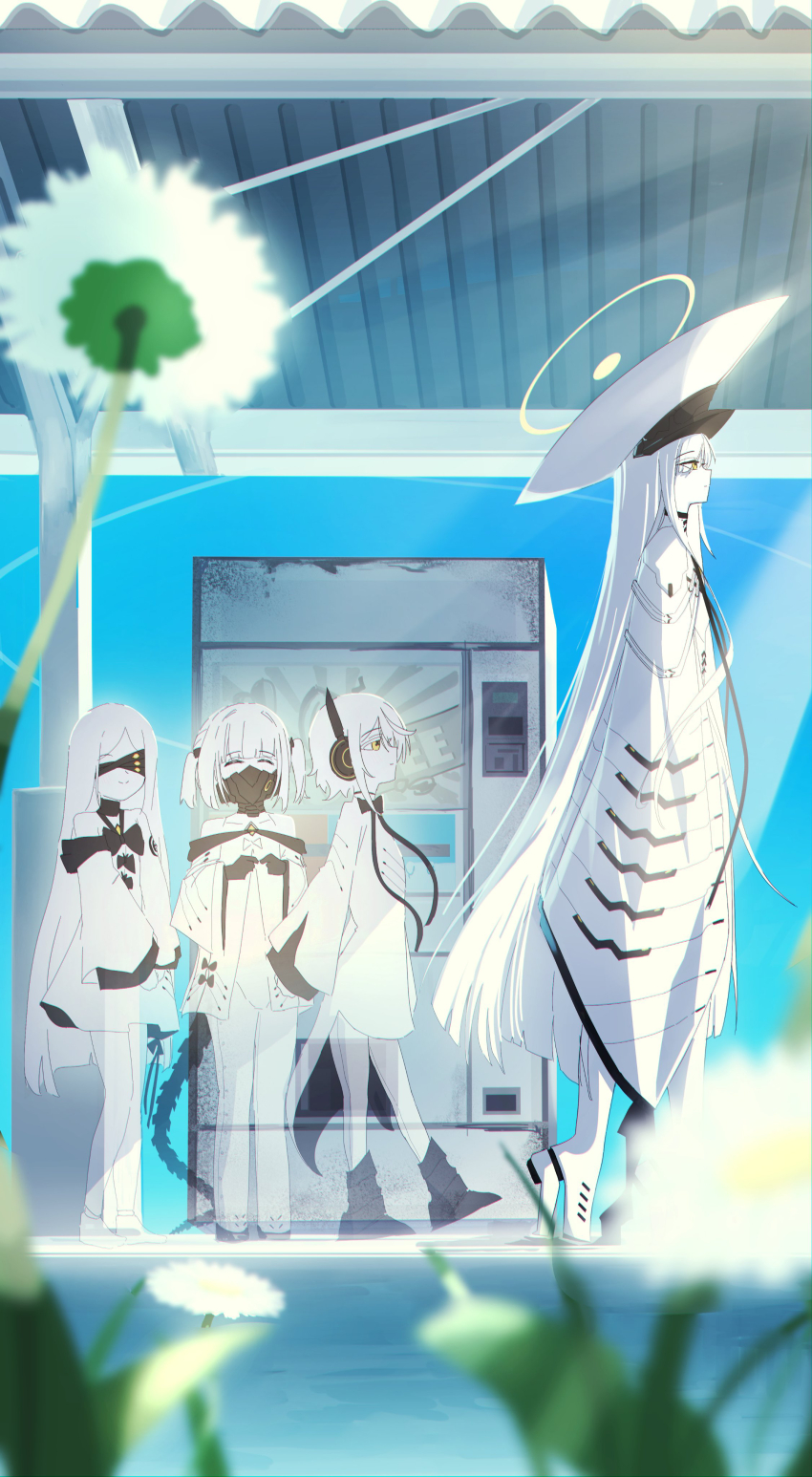 4girls, absurdres, black_mask, blindfold, blue_archive, blue_sky, blurry, blurry_foreground