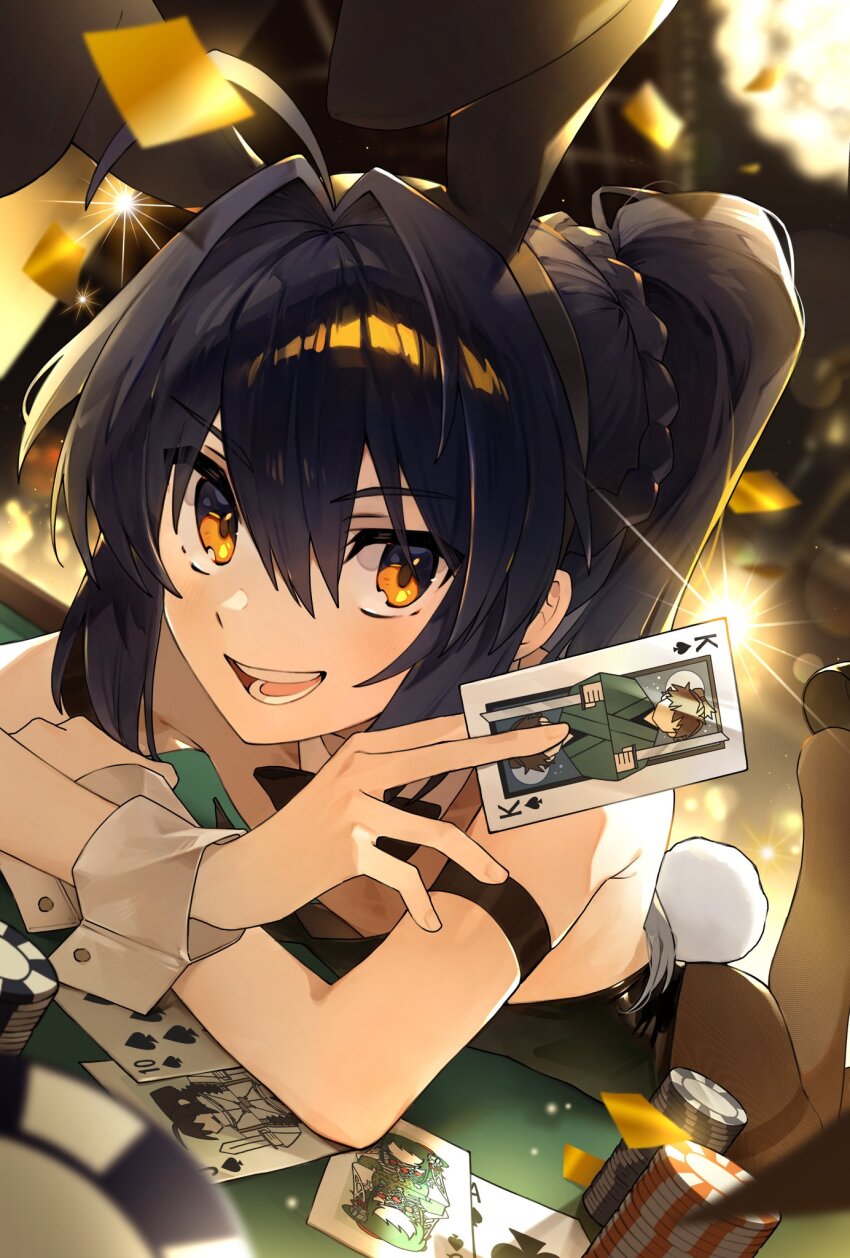 1other, ahoge, androgynous, animal_ears, black_bow, black_bowtie, black_hair, bow, bowtie, card, casino_card_table, coin, confetti, fate/samurai_remnant, fate_(series), highres, long_hair, miyamoto_iori_(fate), orange_eyes, ototachibana-hime_(fate), pantyhose, playboy_bunny, playing_card, ponytail, rabbit_ears, rabbit_tail, table, tail, wrist_cuffs, yamabuki_otk, yamato_takeru_(fate)