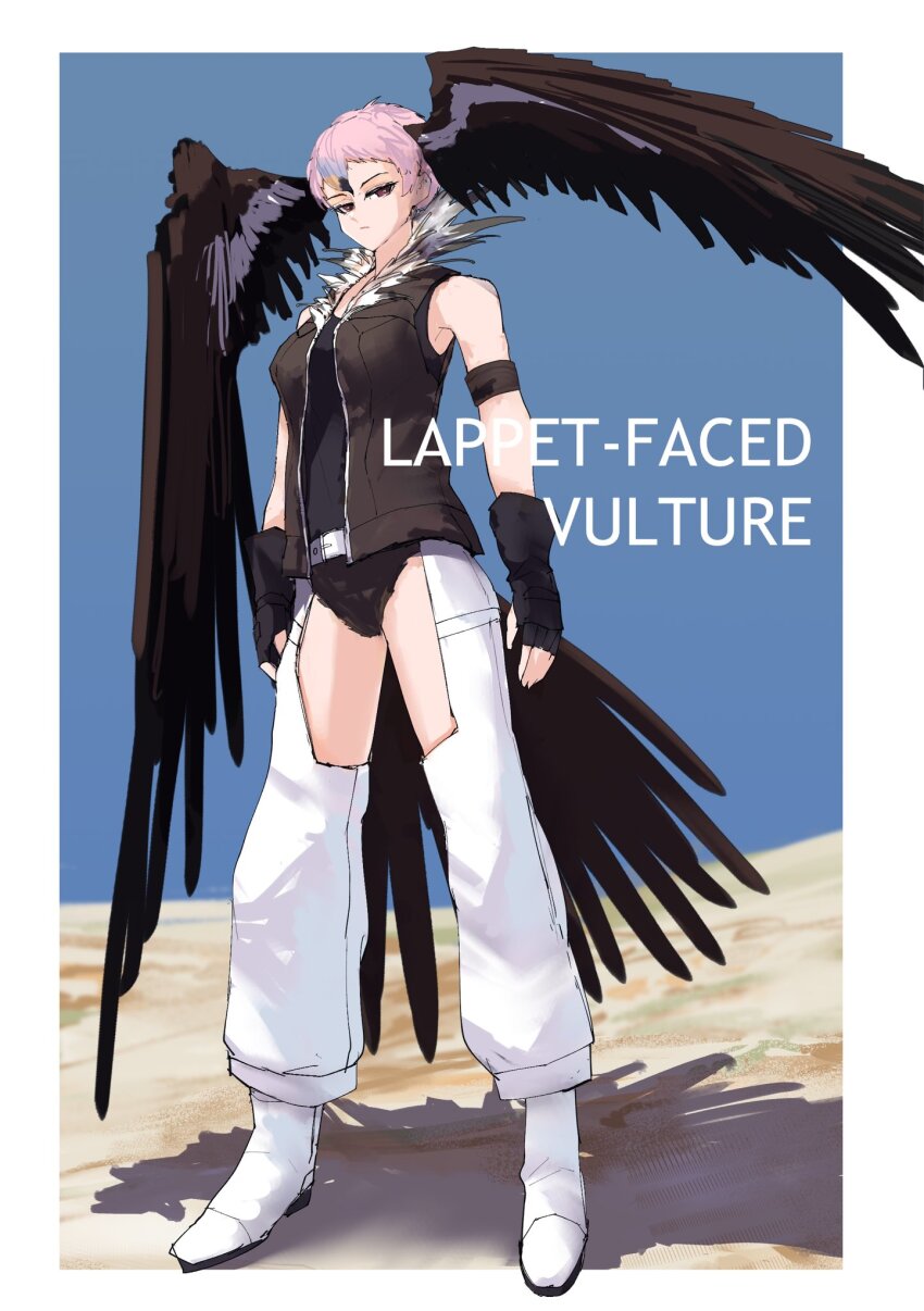 1girl, armband, arms_at_sides, bare_shoulders, bird_girl, bird_tail, bird_wings, black_armband