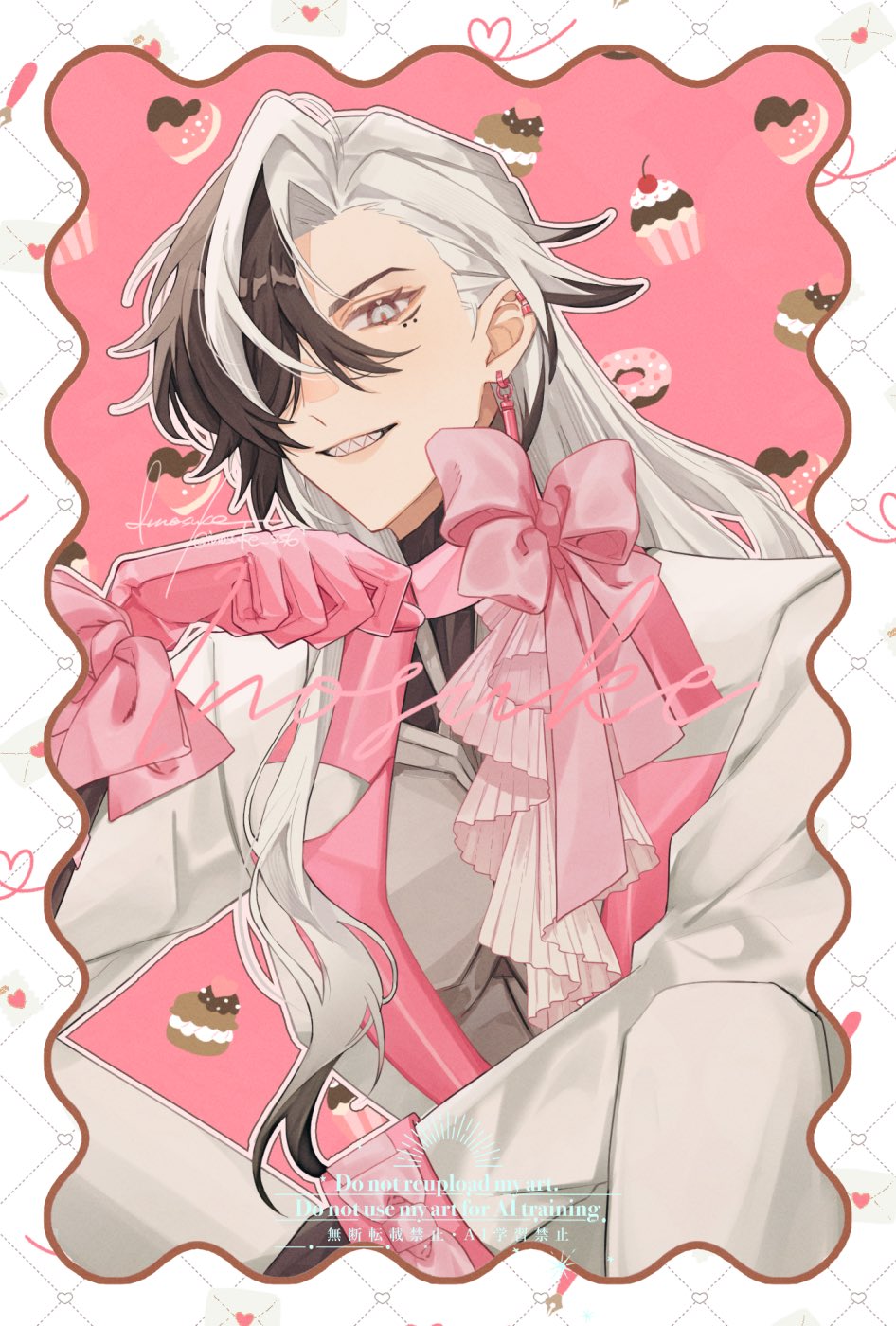 1boy, alternate_costume, artist_name, black_hair, boothill_(honkai:_star_rail), bow, bow_choker, bullet_earrings, choker, commentary, cyborg, ear_piercing, earrings, frilled_gloves, frills, gloves, grey_eyes, grin, hair_over_one_eye, hand_up, highres, honkai:_star_rail, honkai_(series), ino_kevin, jacket, jewelry, knees_up, lapels, long_hair, long_sleeves, looking_at_viewer, male_focus, mole, mole_under_eye, multicolored_hair, multiple_moles, notched_lapels, outline, pants, piercing, pink_bow, pink_choker, pink_gloves, pink_theme, sharp_teeth, signature, single_earring, sitting, smile, solo, teeth, two-tone_hair, untranslatable_commentary, valentine, white_hair, white_jacket, white_outline, white_pants