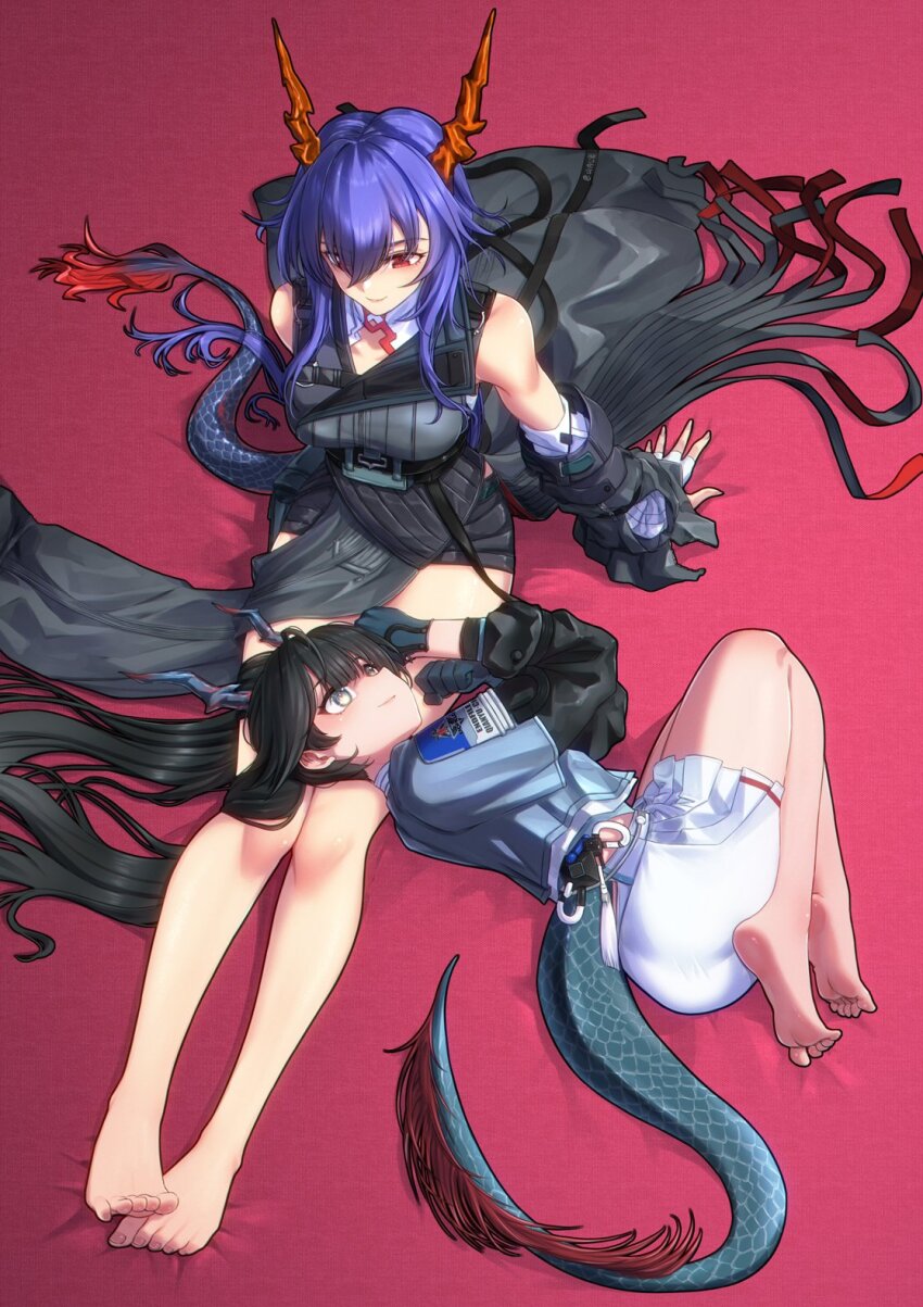 2girls, arknights, arknights:_endfield, bare_shoulders, barefoot, black_dress, black_hair, blue_hair, ch'en_(arknights), ch'en_the_dawnstreak_(arknights), chen_qianyu_(arknights), commentary_request, detached_sleeves, dragon_girl, dragon_horns, dragon_tail, dress, eastern_dragon_horns, eastern_dragon_tail, feet, fingerless_gloves, gloves, green_gloves, green_jacket, grey_eyes, highres, horns, jacket, lap_pillow, long_hair, multiple_girls, red_eyes, skirt, smile, tail, toes, twintails, white_gloves, white_skirt, yamauchi_kouen