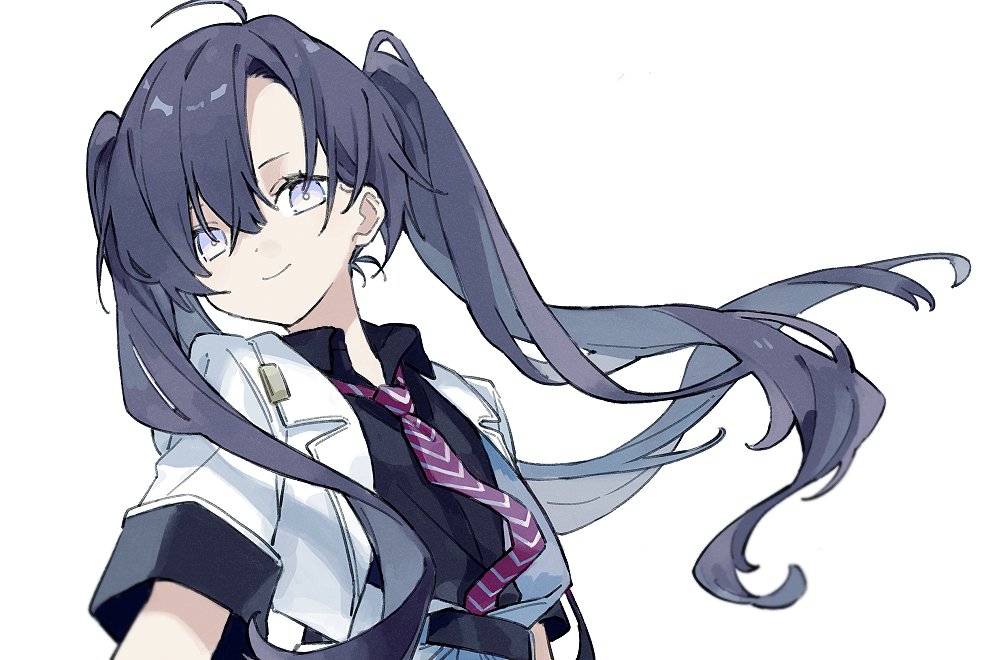 1girl, ahoge, asymmetrical_bangs, black_hair, black_shirt, collared_shirt, commentary_request, grey_eyes, hair_between_eyes, jacket, long_hair, minus_(reverseblue), necktie, necnec03, open_clothes, open_jacket, red_necktie, reverseblue_x_re-birthend, shirt, short_sleeves, solo, striped_clothes, striped_necktie, twintails, white_jacket