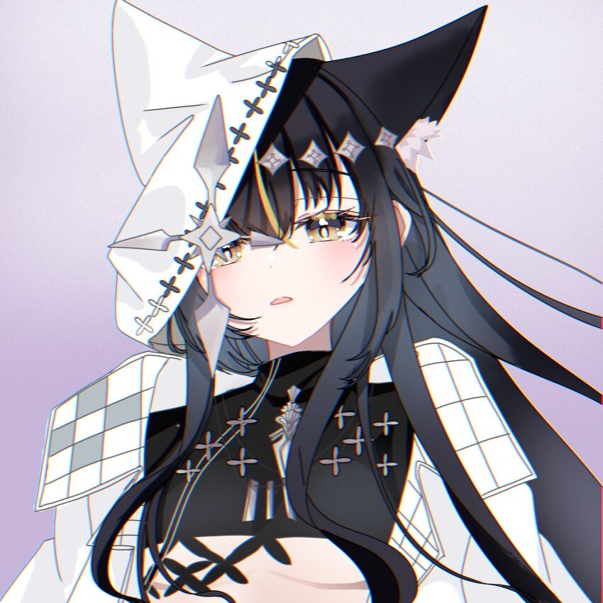 1girl, animal_ear_fluff, animal_ear_hood, animal_ears, black_hair, commentary_request, crop_top, fake_animal_ears, hair_ornament, highres, hood, jacket, maguice9g7580, parted_lips, reverseblue_x_re-birthend, solo, white_jacket, xion_(reverseblue), yellow_eyes