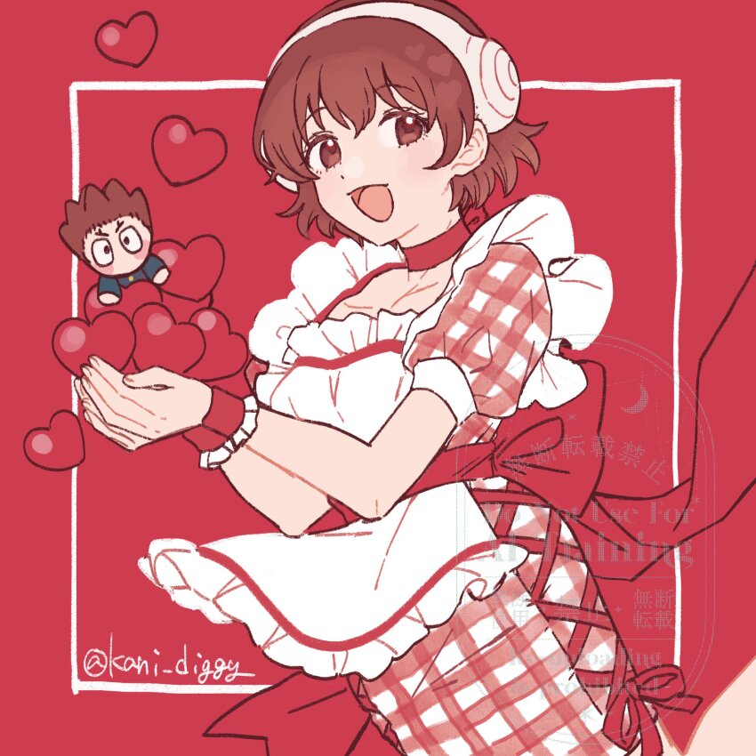 1boy, 1girl, :d, alternate_costume, apron, back_bow, bow, brown_eyes