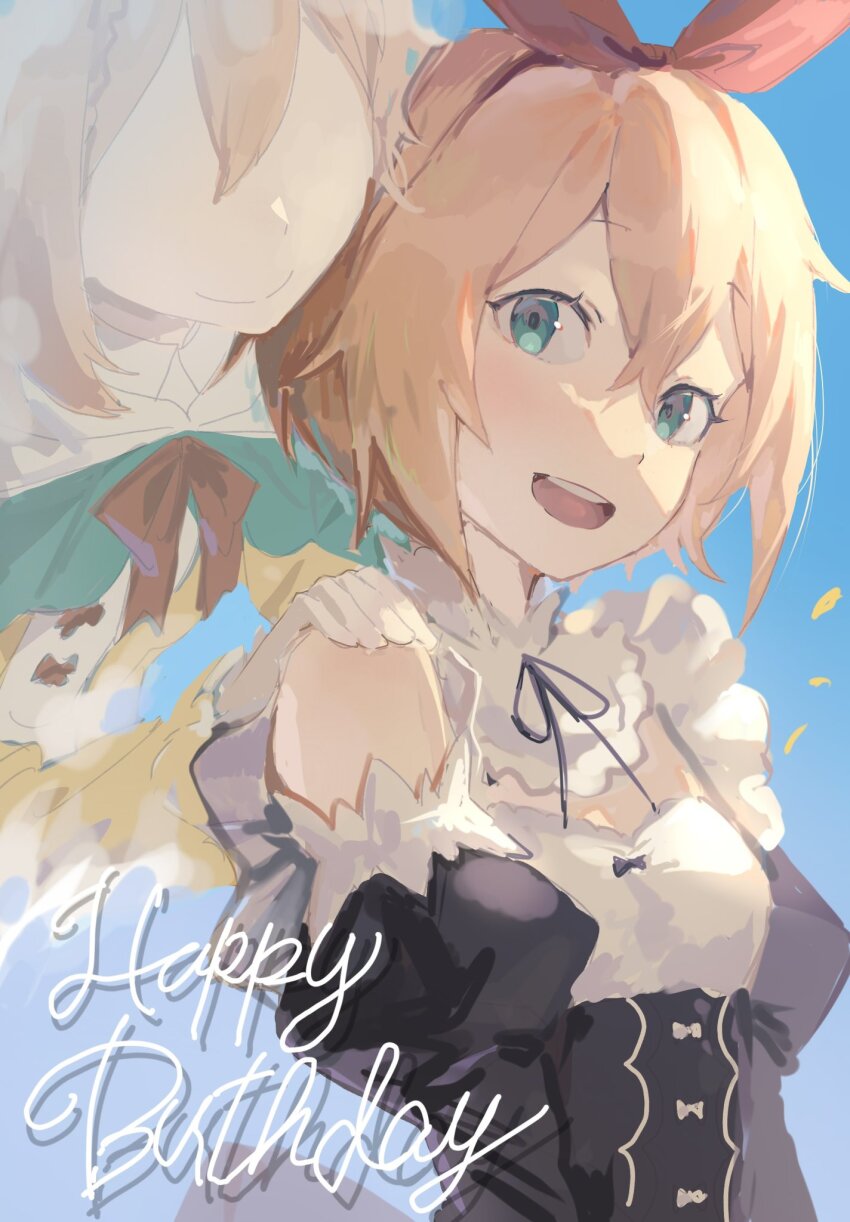 2girls, :d, black_ribbon, blue_background, blue_eyes, bow, bow_hairband, brown_hair