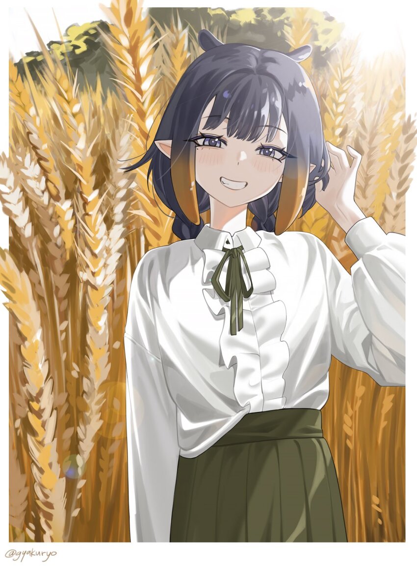 1girl, adjusting_hair, akar1_akar1, alternate_costume, artist_name, black_ribbon, black_skirt, braid