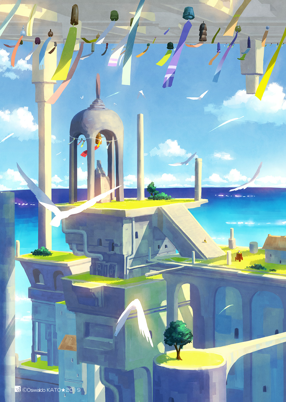 animal, arch, bell, bird, cloud, cloudy_sky, commentary_request, flock